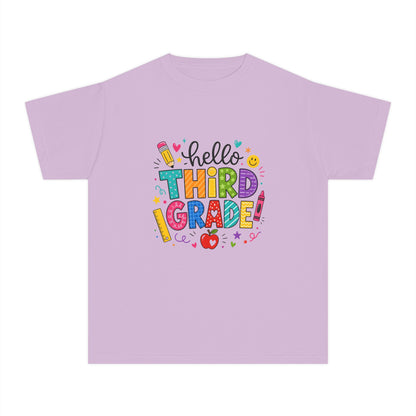 Hello Third Grade Youth Tee — Back-to-School Colorful Kids Shirt