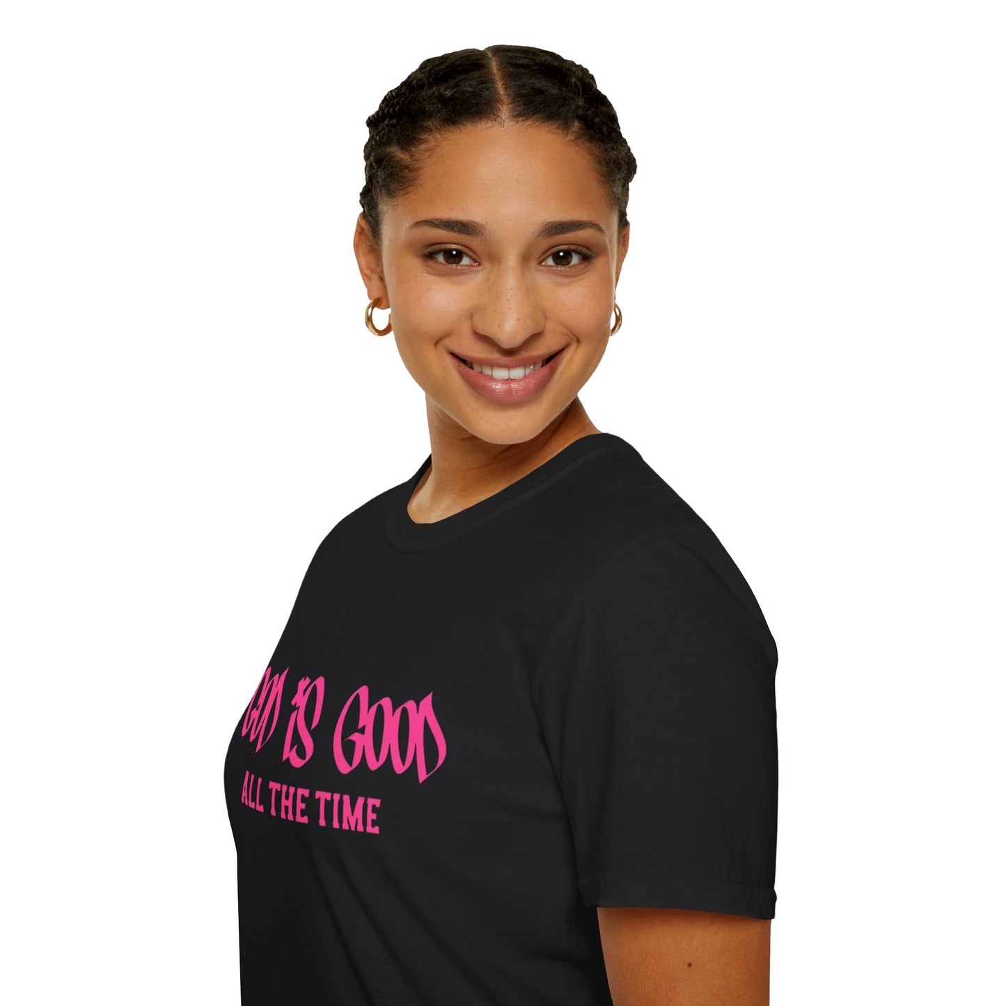 God Is Good All The Time T-Shirt — Faith-Based Christian Tee (Pink Script)