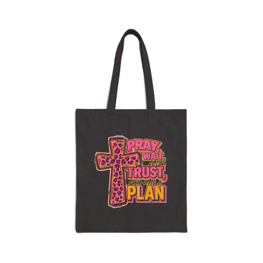 Faith Tote Bag - "Pray, Wait, Trust, God Has a Plan" Leopard Cross Canvas Tote