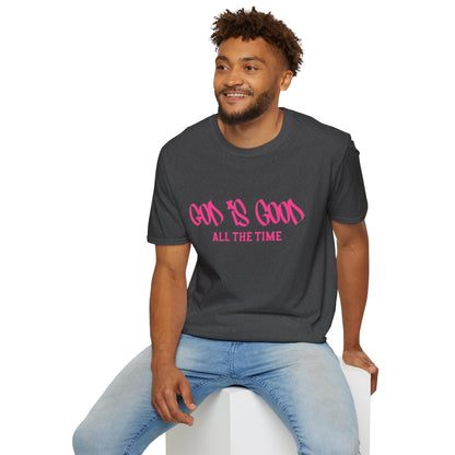 God Is Good All The Time T-Shirt — Faith-Based Christian Tee (Pink Script)