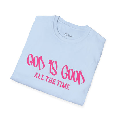 God Is Good All The Time T-Shirt — Faith-Based Christian Tee (Pink Script)