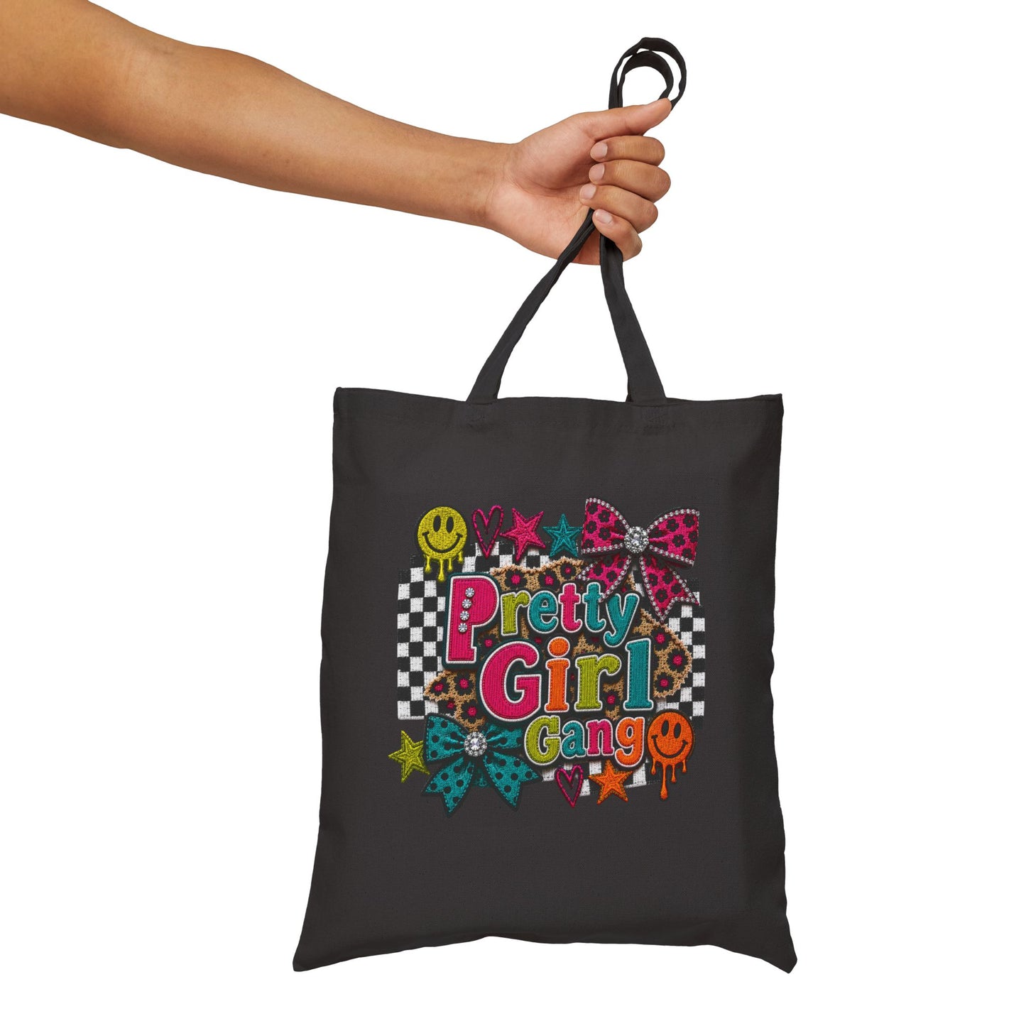 Pretty Girl Gang Canvas Tote — Retro Checkerboard, Smiley & Bow Graphic Tote Bag
