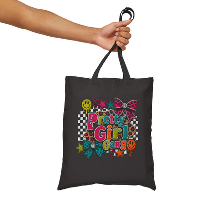 Pretty Girl Gang Canvas Tote — Retro Checkerboard, Smiley & Bow Graphic Tote Bag