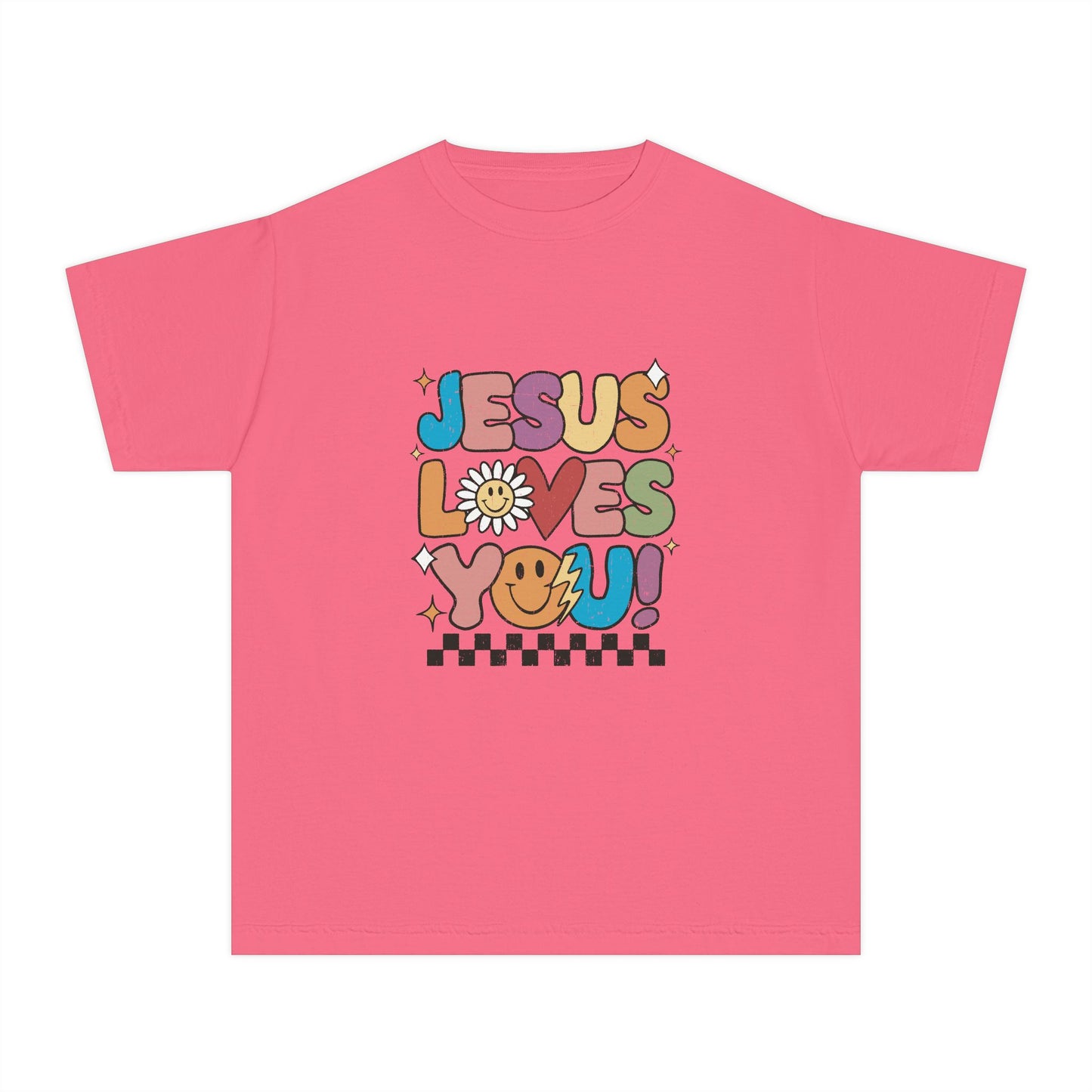 Youth Tee — "Jesus Loves You" Retro Rainbow Daisy Kids Shirt