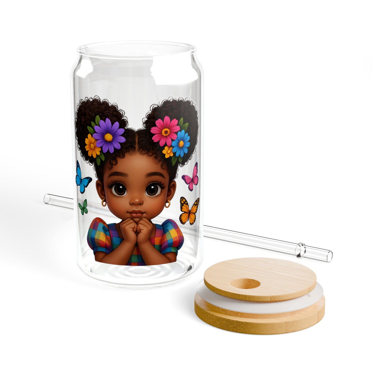 16oz Sipper Glass - Cute Afro Girl with Flowers & Butterflies