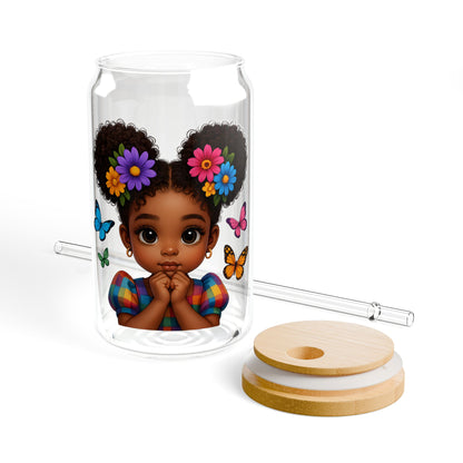 16oz Sipper Glass - Cute Afro Girl with Flowers & Butterflies
