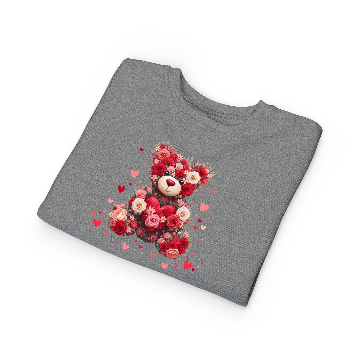 Toddler Sweatshirt — Floral Heart Teddy Bear Valentine Pullover