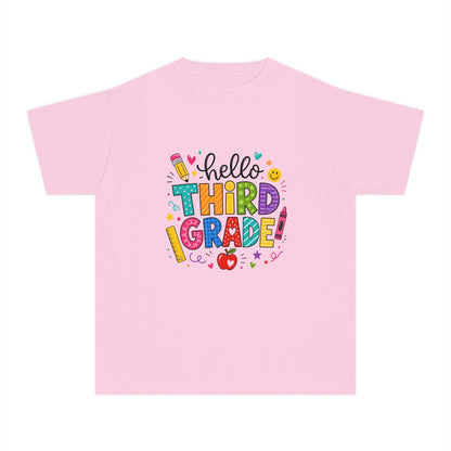 Hello Third Grade Youth Tee — Back-to-School Colorful Kids Shirt