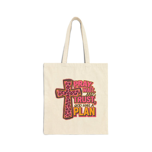 Faith Tote Bag - "Pray, Wait, Trust, God Has a Plan" Leopard Cross Canvas Tote