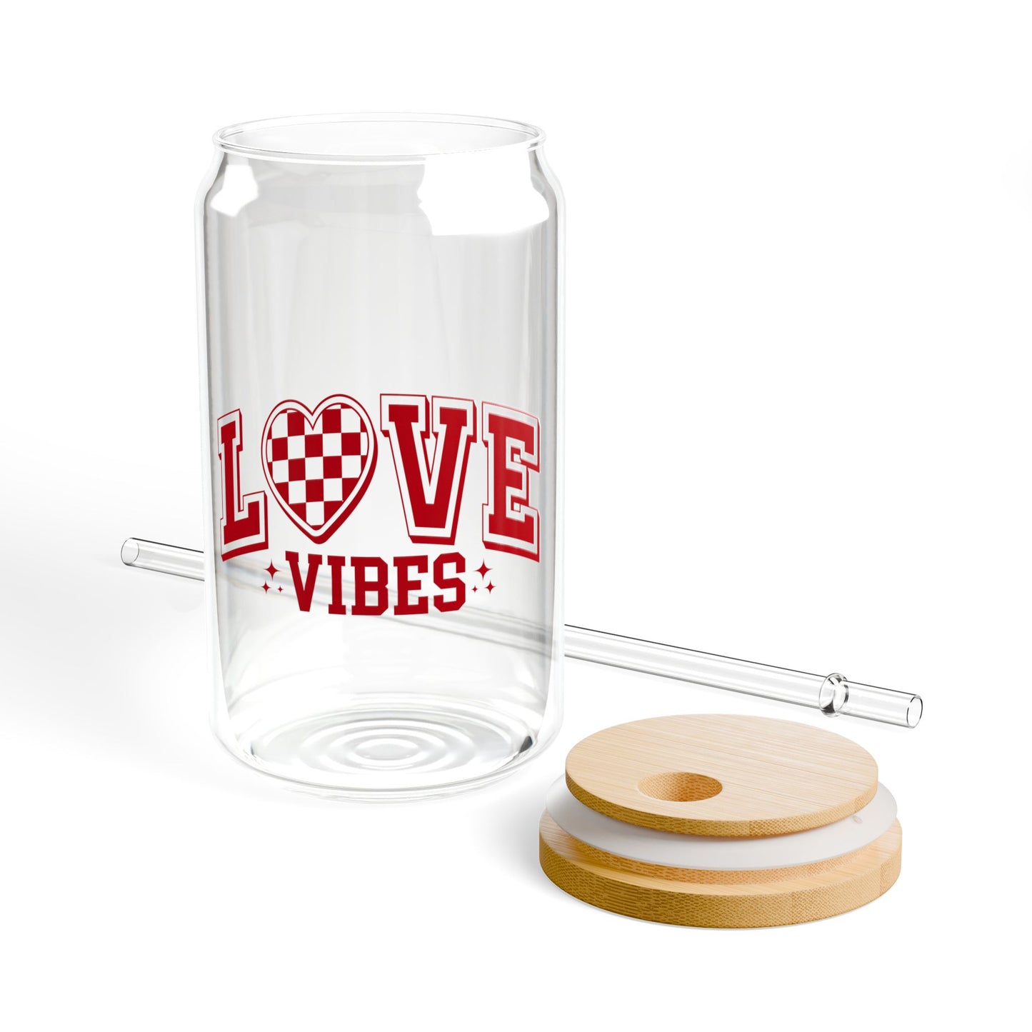 Love Vibes 16oz Sipper Glass - Heart Checkerboard Design, Reusable Straw Tumbler