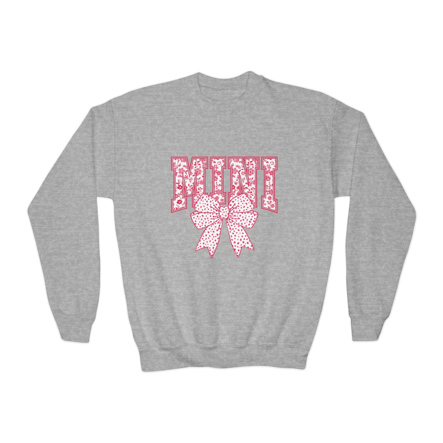 Youth Crewneck Sweatshirt — Pink Floral 'Mini' Bow Graphic
