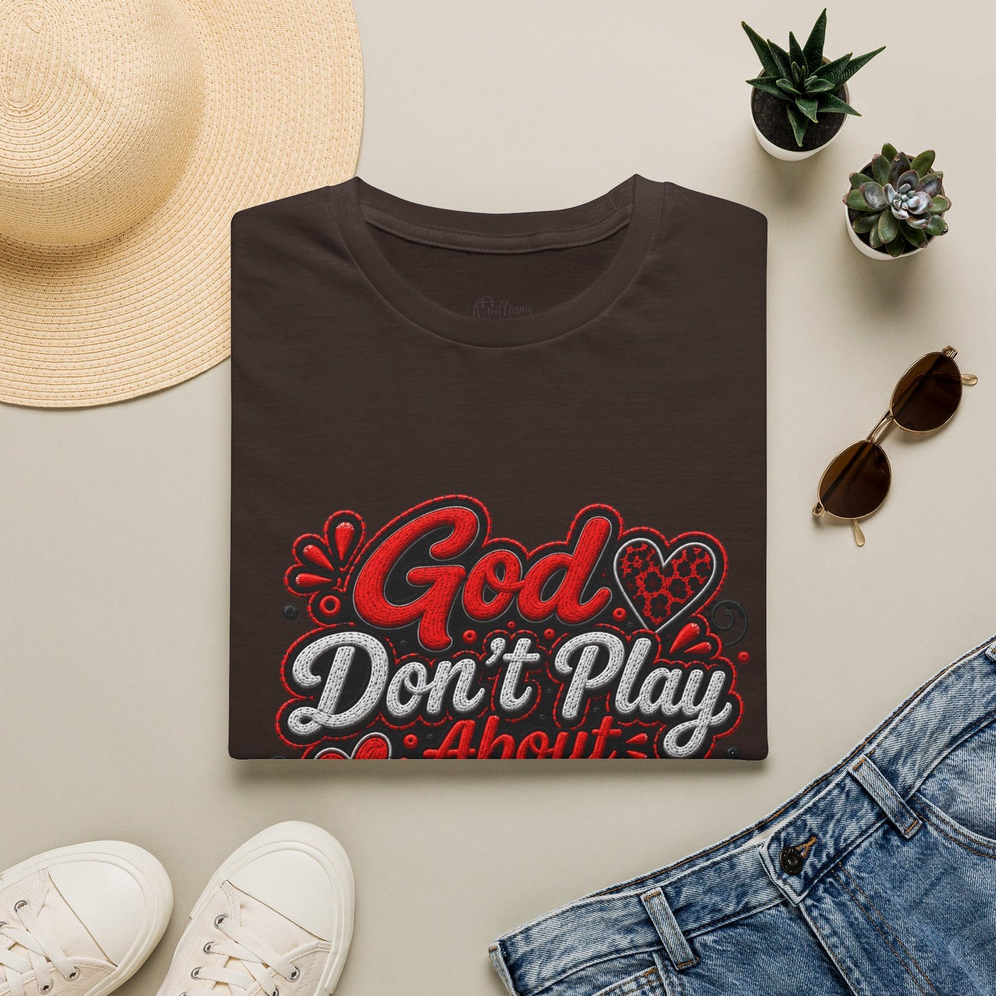 T-Shirt — "God Don’t Play About Me" Bold Script Christian Graphic Tee