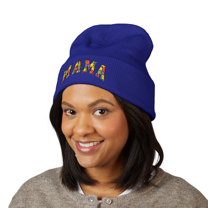 Mama Floral Embroidered Cuffed Beanie — Cozy Knit Mom Hat