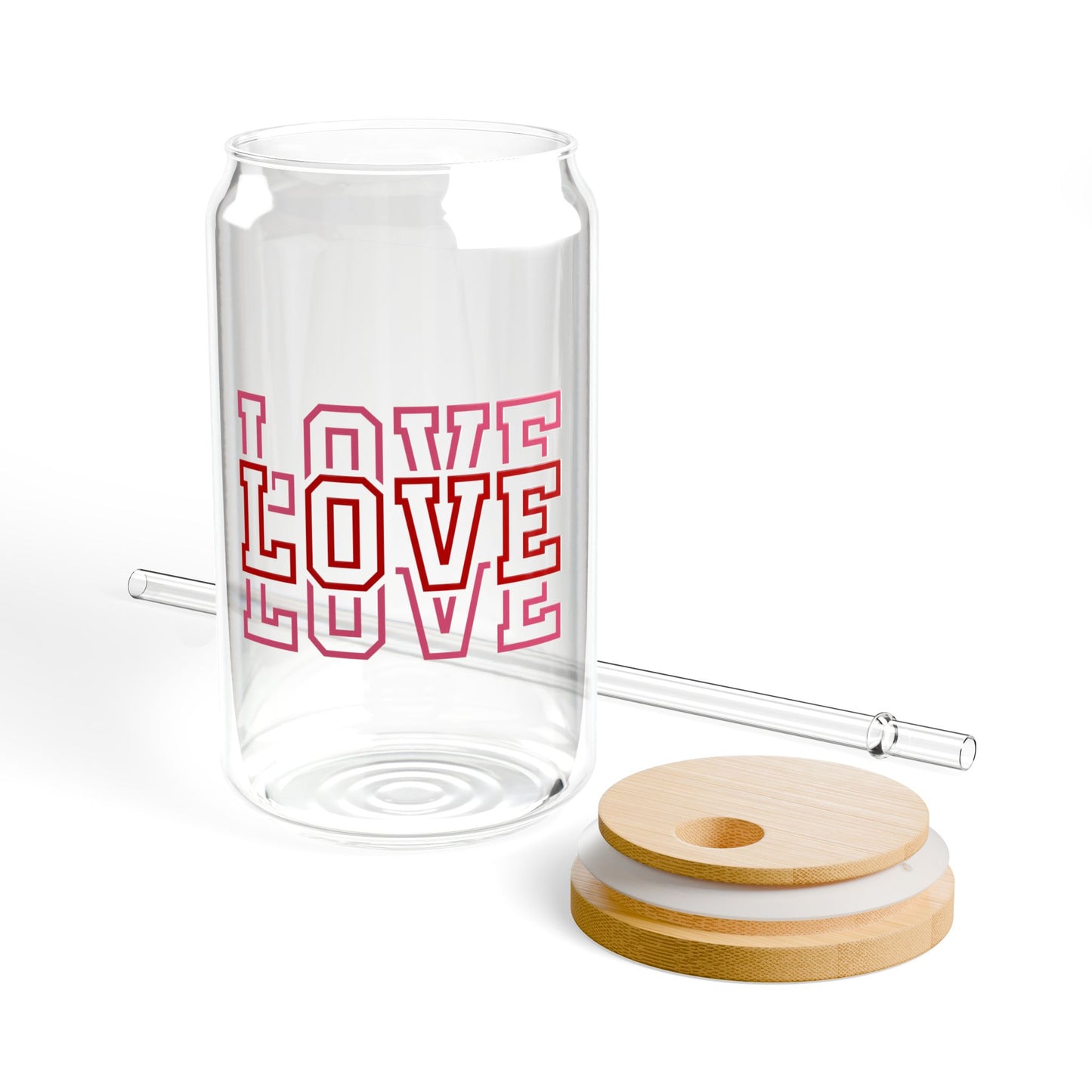 Love Pattern Sipper Glass — 16oz Clear Tumbler with Bamboo Lid & Straw