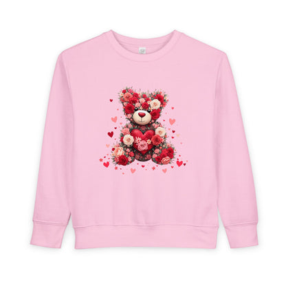 Toddler Sweatshirt — Floral Heart Teddy Bear Valentine Pullover