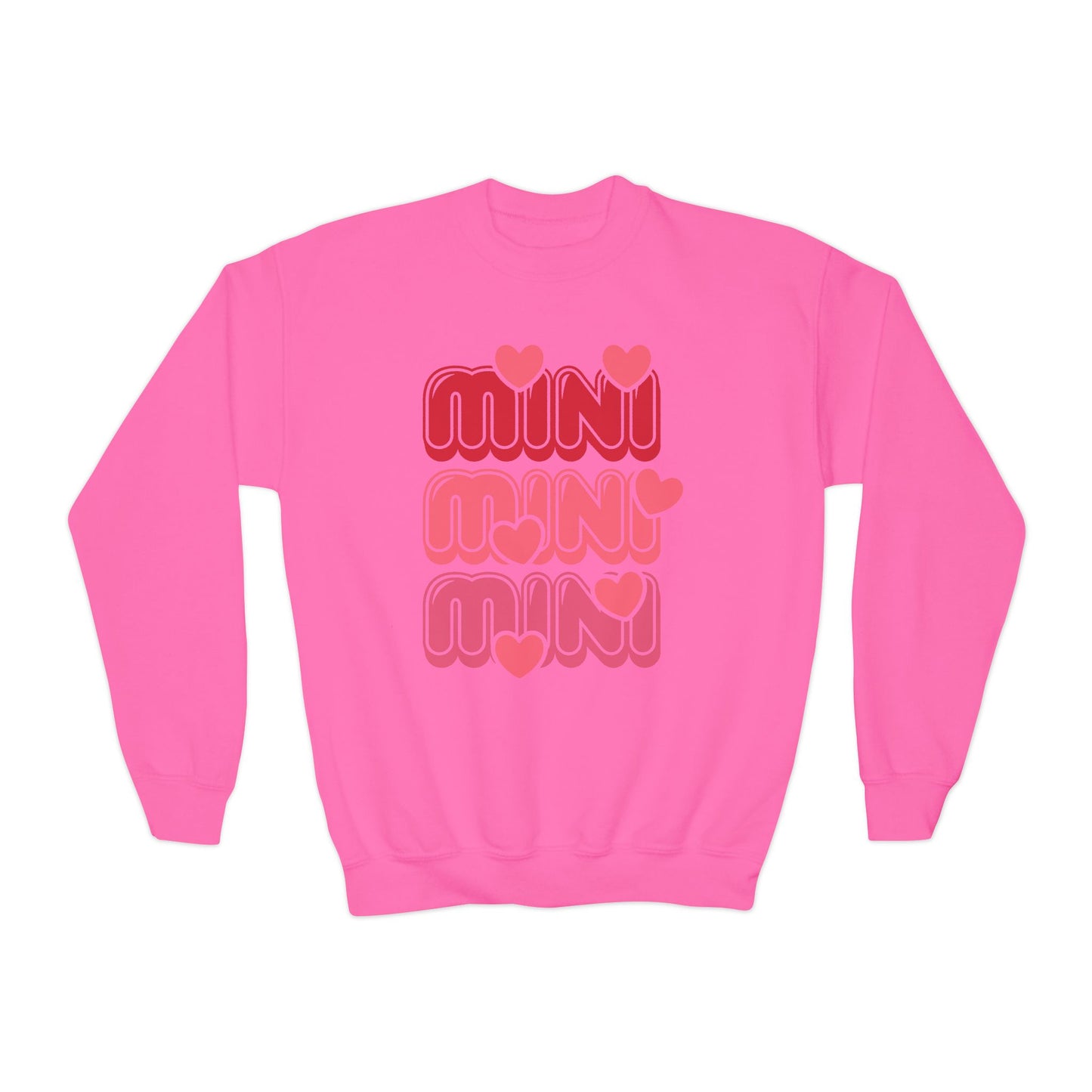 Youth Crewneck Sweatshirt — "Mini Mini Mini" Pink Heart Retro Graphic