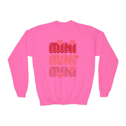 Youth Crewneck Sweatshirt — "Mini Mini Mini" Pink Heart Retro Graphic
