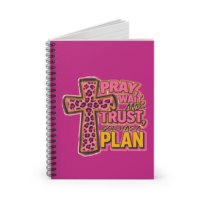 Pray, Wait & Trust Spiral Notebook — Pink Leopard Cross Inspirational Journal