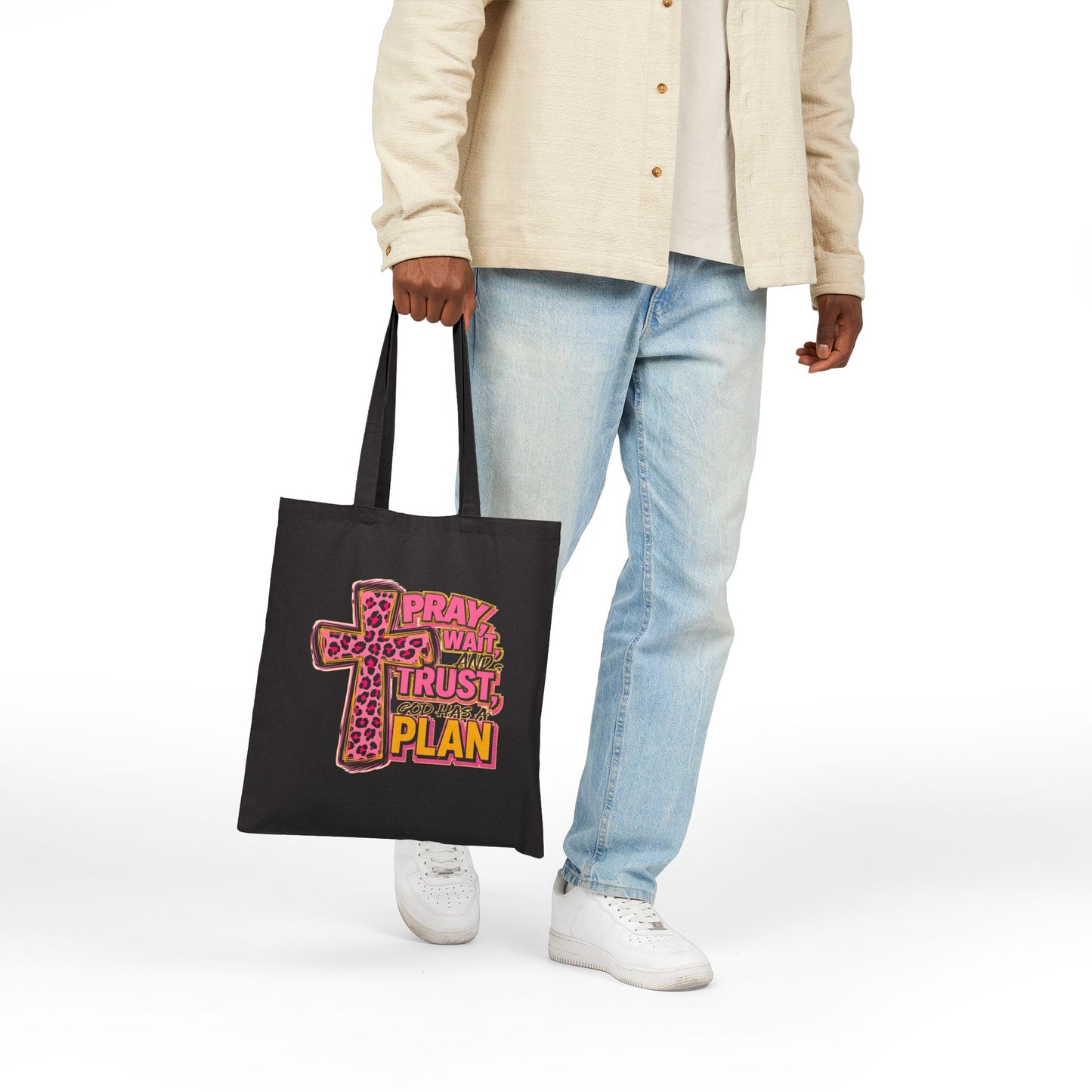 Faith Tote Bag - "Pray, Wait, Trust, God Has a Plan" Leopard Cross Canvas Tote