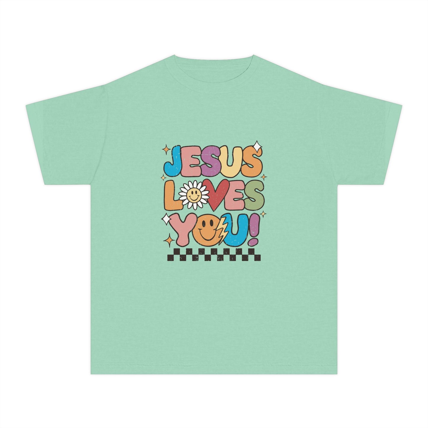 Youth Tee — "Jesus Loves You" Retro Rainbow Daisy Kids Shirt