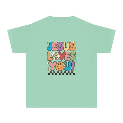 Youth Tee — "Jesus Loves You" Retro Rainbow Daisy Kids Shirt