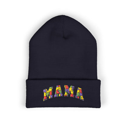 Mama Floral Embroidered Cuffed Beanie — Cozy Knit Mom Hat