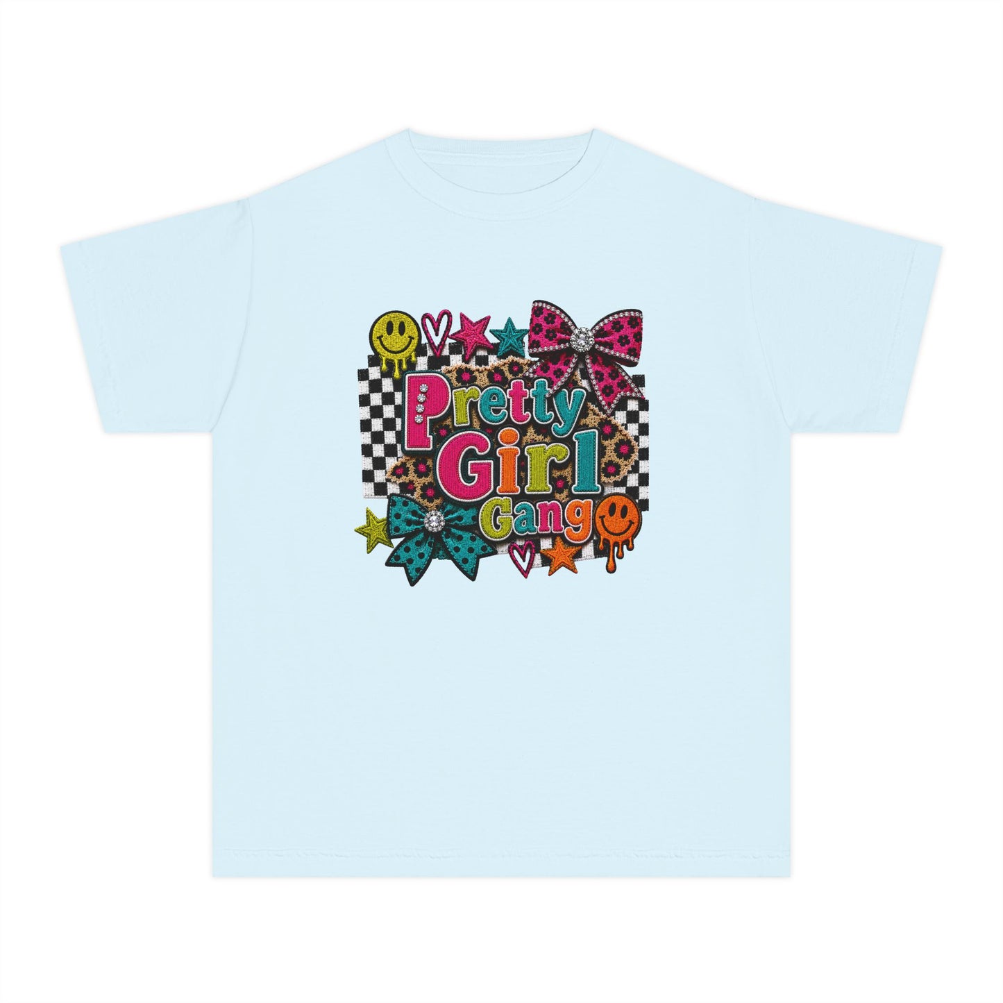 Pretty Girl Gang Youth Tee - Colorful Bow & Checkerboard Graphic Shirt