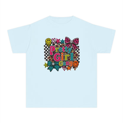Pretty Girl Gang Youth Tee - Colorful Bow & Checkerboard Graphic Shirt