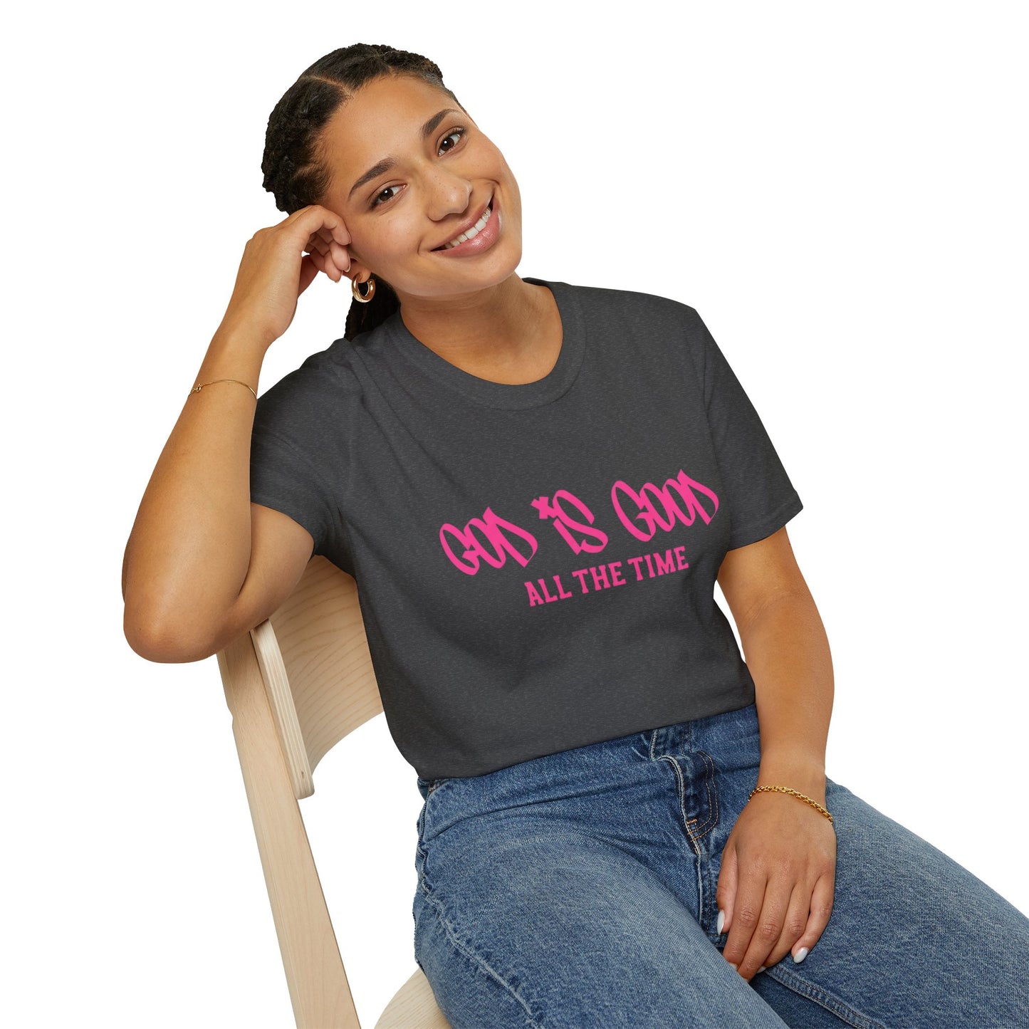 God Is Good All The Time T-Shirt — Faith-Based Christian Tee (Pink Script)
