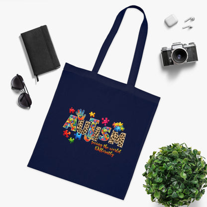 Autism Awareness Cotton Tote — "Autism: Different Not Less" Puzzle-Print Eco Bag