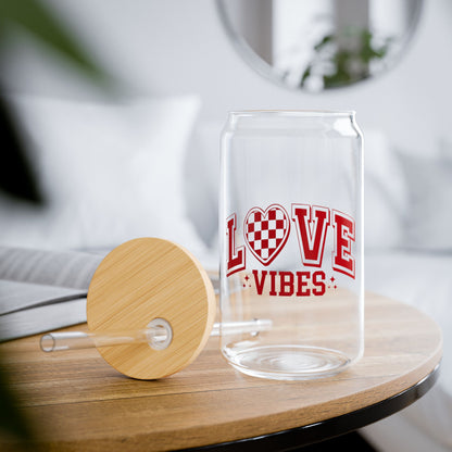 Love Vibes 16oz Sipper Glass - Heart Checkerboard Design, Reusable Straw Tumbler