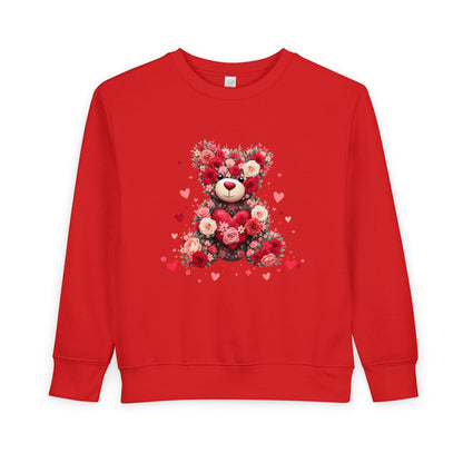 Toddler Sweatshirt — Floral Heart Teddy Bear Valentine Pullover