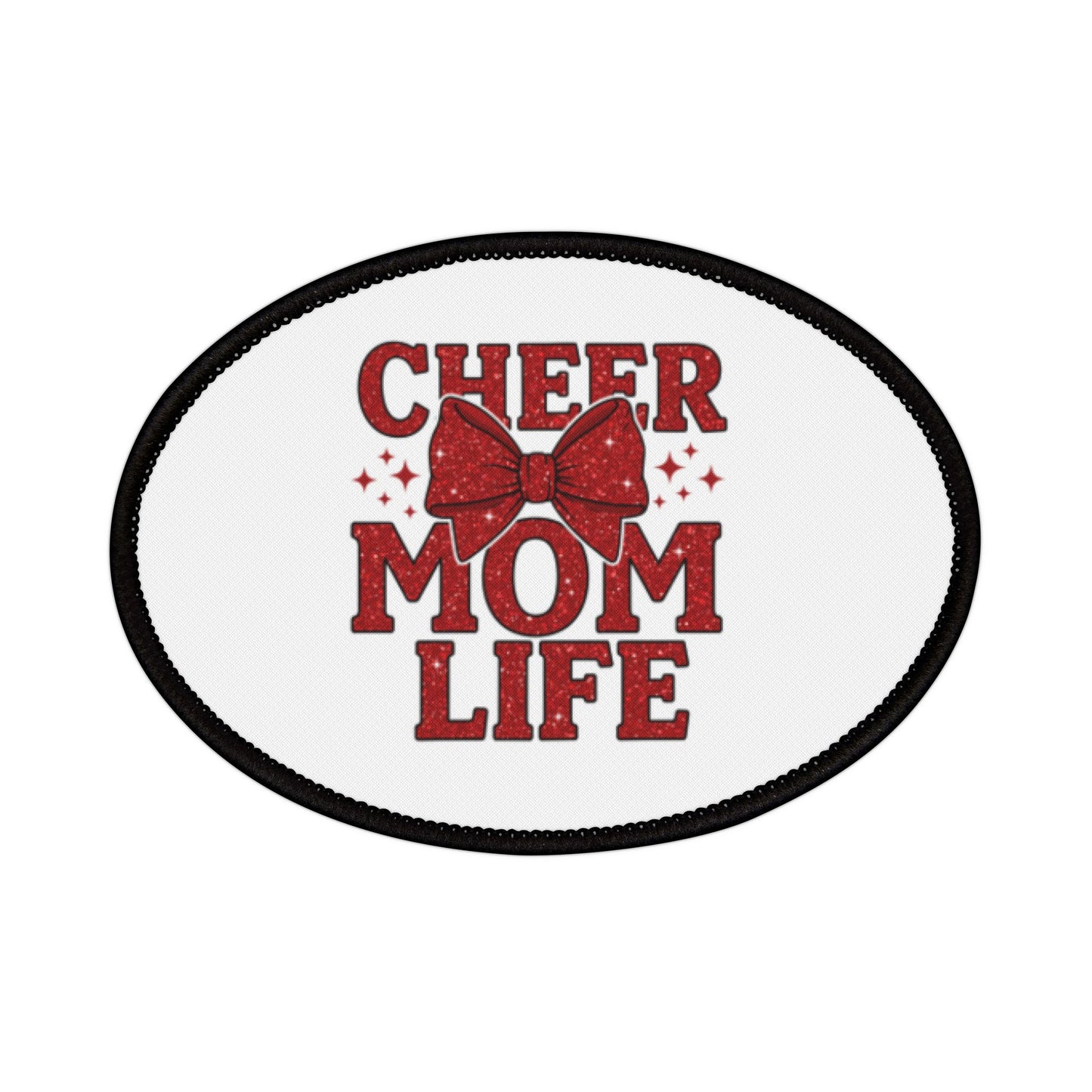 Cheer Mom Life Iron-On Patch — Red Cheerleading Bow Patch