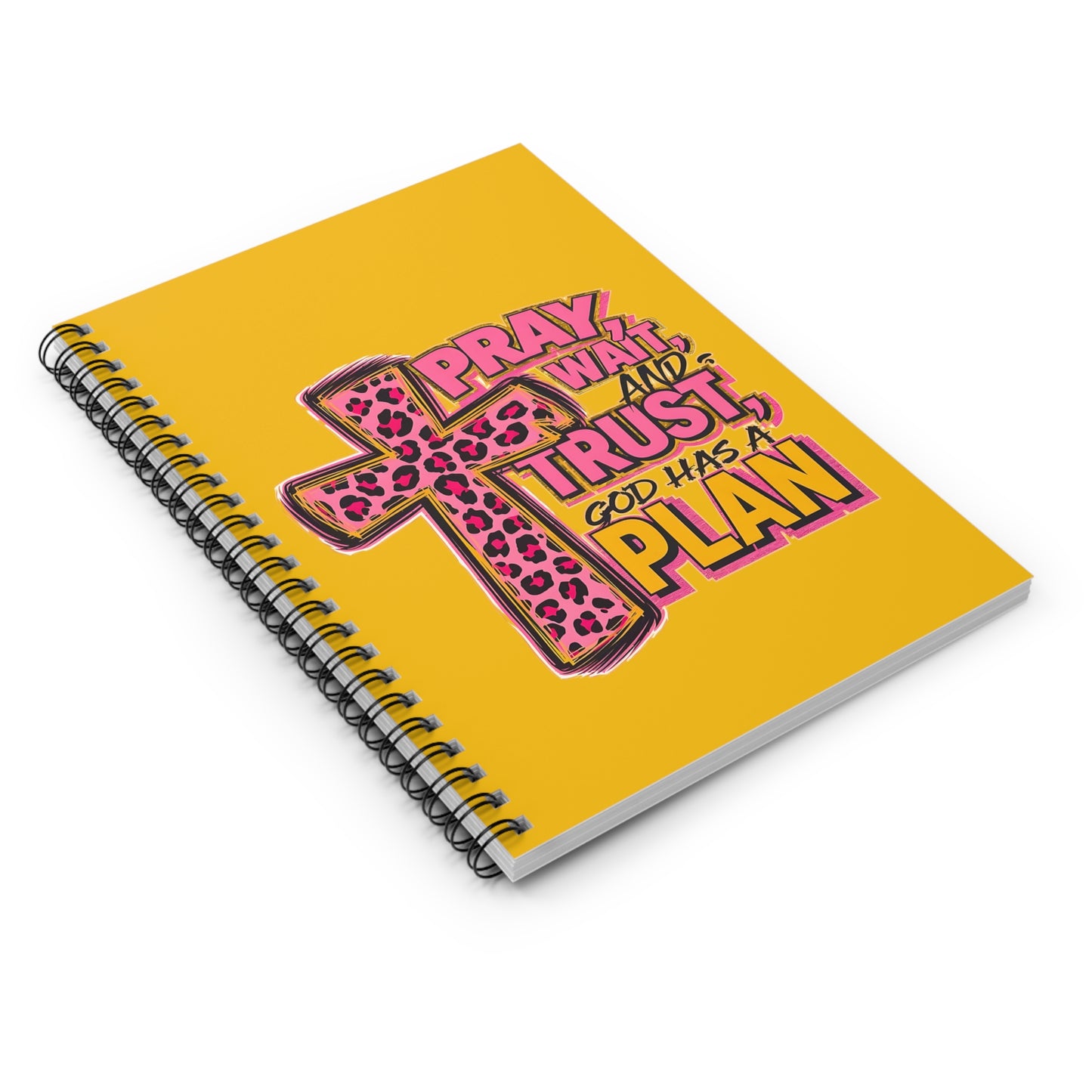 Christian Spiral Notebook — "Pray, Wait, Trust, God Has a Plan" Pink Leopard Cross