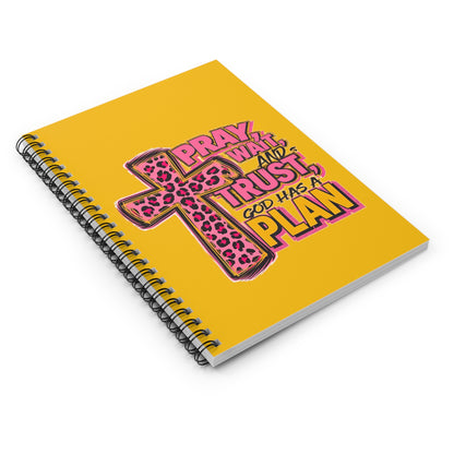 Christian Spiral Notebook — "Pray, Wait, Trust, God Has a Plan" Pink Leopard Cross