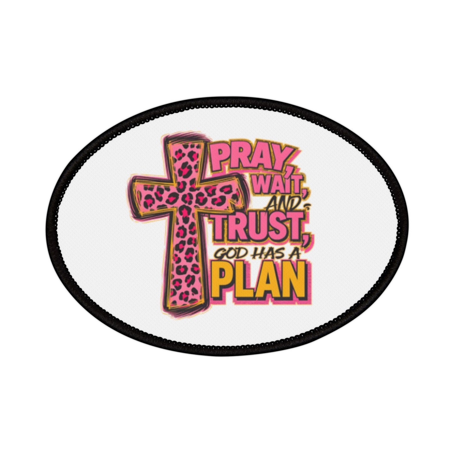 Iron-On Patch – 'Pray, Trust, Plan' Cross Patch (Faith-Inspired Patch)