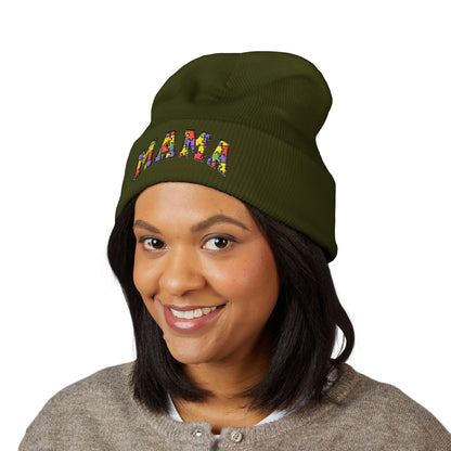 Mama Floral Embroidered Cuffed Beanie — Cozy Knit Mom Hat
