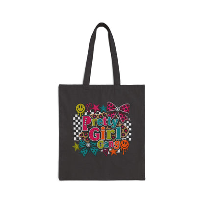 Pretty Girl Gang Canvas Tote — Retro Checkerboard, Smiley & Bow Graphic Tote Bag