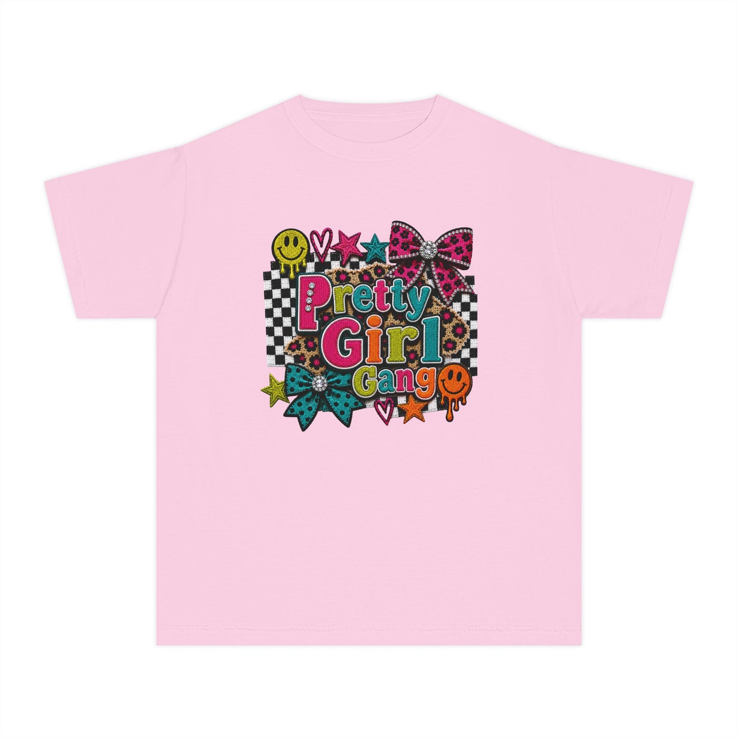 Pretty Girl Gang Youth Tee - Colorful Bow & Checkerboard Graphic Shirt