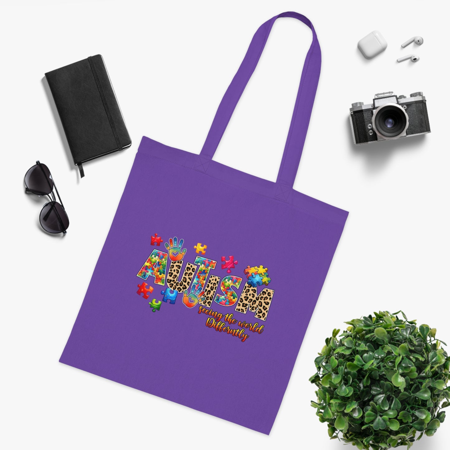 Autism Awareness Cotton Tote — "Autism: Different Not Less" Puzzle-Print Eco Bag