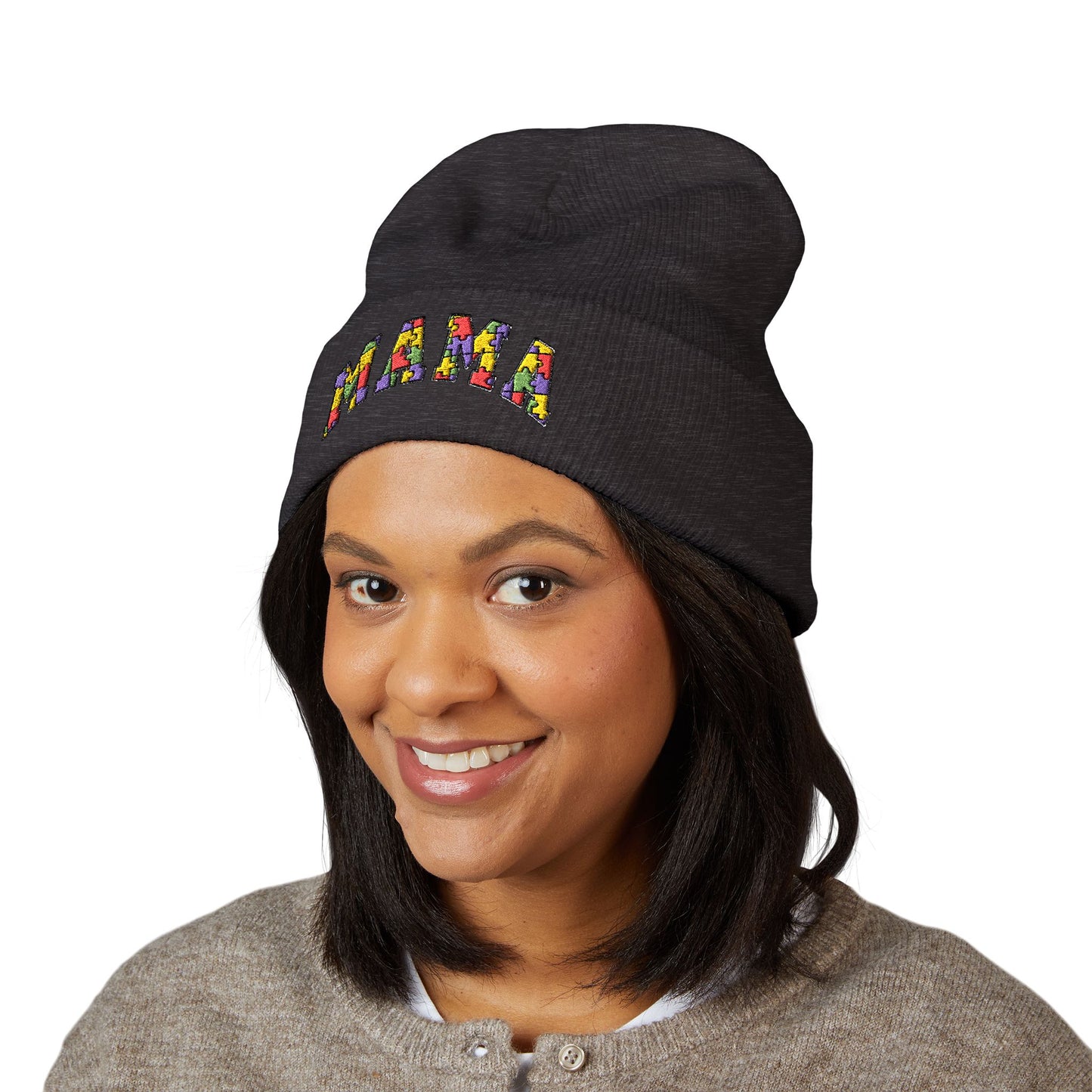 Mama Floral Embroidered Cuffed Beanie — Cozy Knit Mom Hat