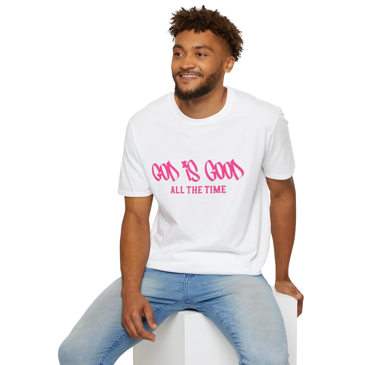 God Is Good All The Time T-Shirt — Faith-Based Christian Tee (Pink Script)