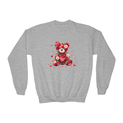 Youth Crewneck Sweatshirt — Floral Heart Teddy Bear Valentine Design