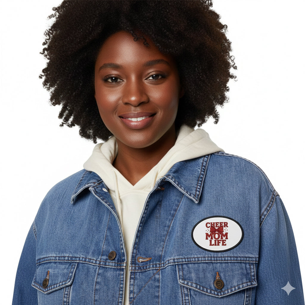 Cheer Mom Life Iron-On Patch — Red Cheerleading Bow Patch
