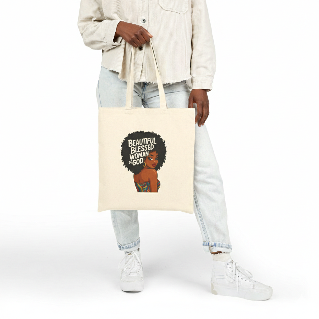 Tote Bag — "Beautiful Blessed Woman of God" Afro Queen Canvas Tote